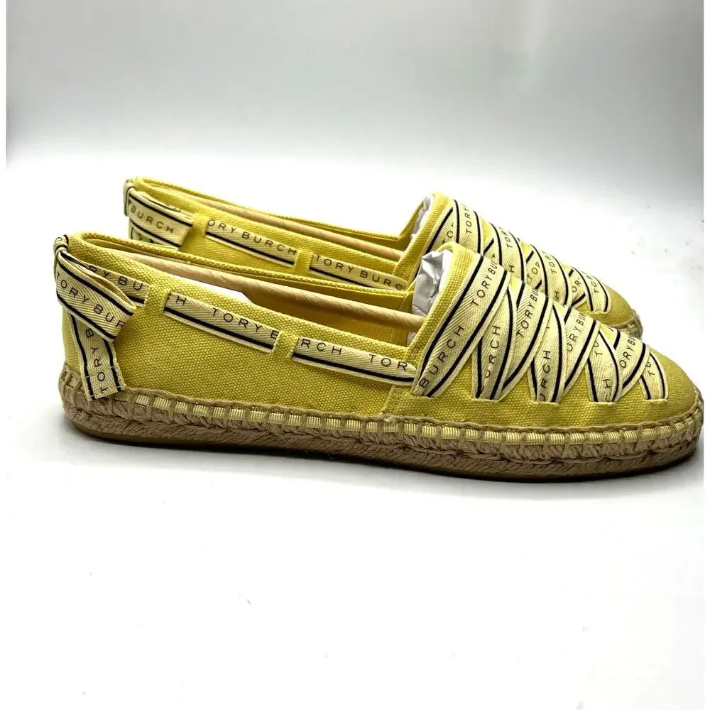 Tory Burch Tory Ribbon Espadrille Blonde Straw Dark Seaweed Yellow Size 7 NEW